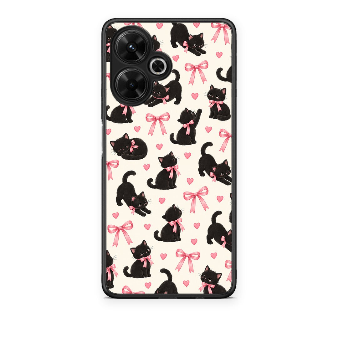 Θήκη Xiaomi Poco M6 4G Black Kittens and Pink Bows on Cream Small από τη Smartfits με σχέδιο στο πίσω μέρος και μαύρο περίβλημα | Xiaomi Poco M6 4G Black Kittens and Pink Bows on Cream Small case with colorful back and black bezels