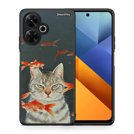 Θήκη Xiaomi Poco M6 4G Cat Goldfish από τη Smartfits με σχέδιο στο πίσω μέρος και μαύρο περίβλημα | Xiaomi Poco M6 4G Cat Goldfish case with colorful back and black bezels