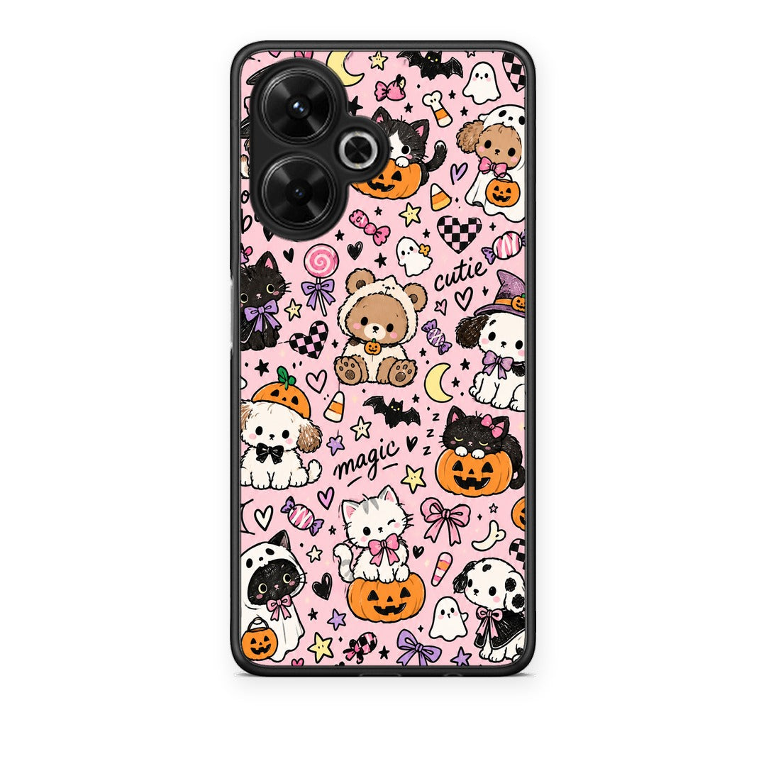 Θήκη Xiaomi Poco M6 4G Halloween Cute Animals on Pink από τη Smartfits με σχέδιο στο πίσω μέρος και μαύρο περίβλημα | Xiaomi Poco M6 4G Halloween Cute Animals on Pink case with colorful back and black bezels
