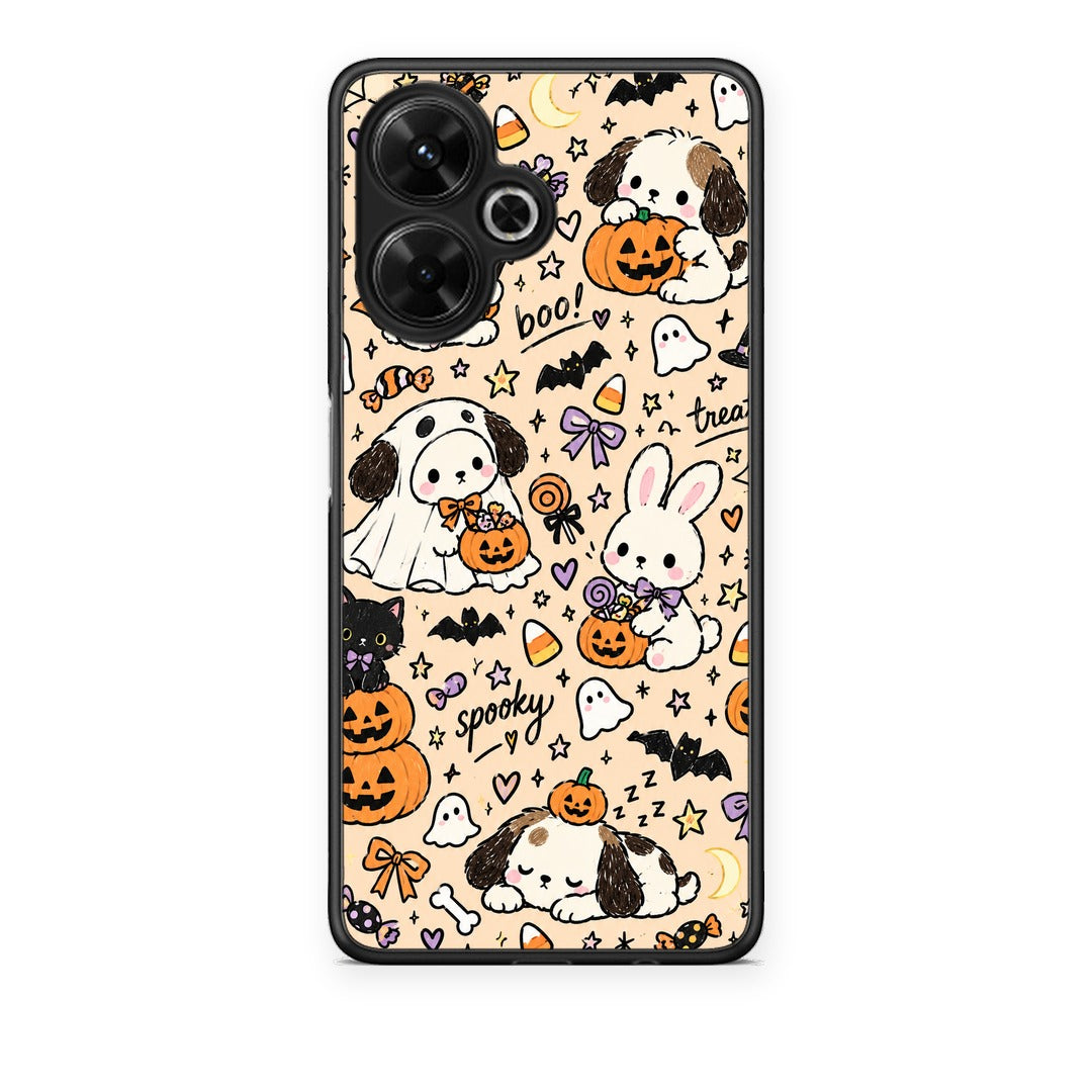 Θήκη Xiaomi Poco M6 4G Halloween Puppies and Friends on Cream από τη Smartfits με σχέδιο στο πίσω μέρος και μαύρο περίβλημα | Xiaomi Poco M6 4G Halloween Puppies and Friends on Cream case with colorful back and black bezels
