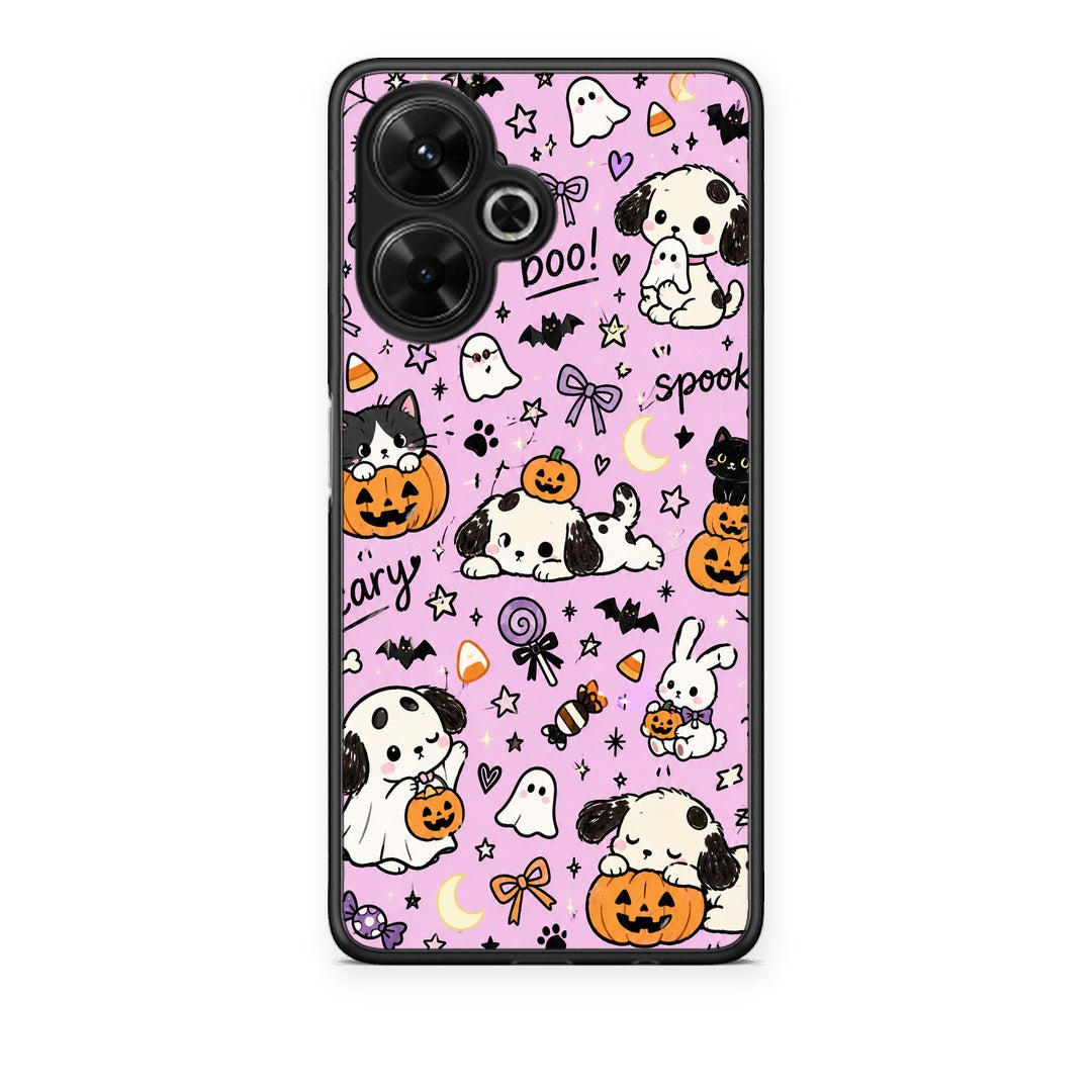 Θήκη Xiaomi Poco M6 4G Halloween Puppies and Friends on Lilac από τη Smartfits με σχέδιο στο πίσω μέρος και μαύρο περίβλημα | Xiaomi Poco M6 4G Halloween Puppies and Friends on Lilac case with colorful back and black bezels