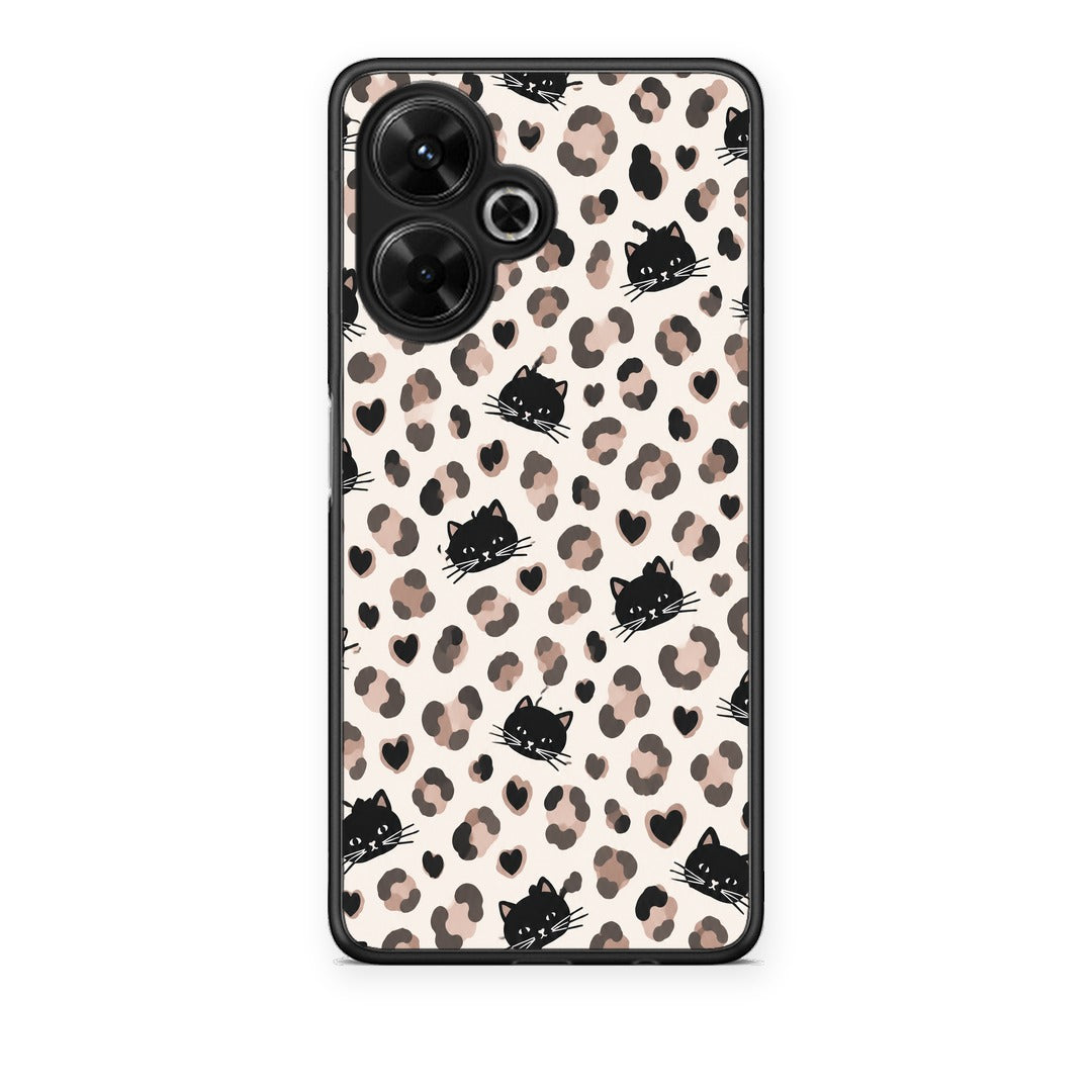 Θήκη Xiaomi Poco M6 4G Leopard Spots and Black Cats on Cream από τη Smartfits με σχέδιο στο πίσω μέρος και μαύρο περίβλημα | Xiaomi Poco M6 4G Leopard Spots and Black Cats on Cream case with colorful back and black bezels