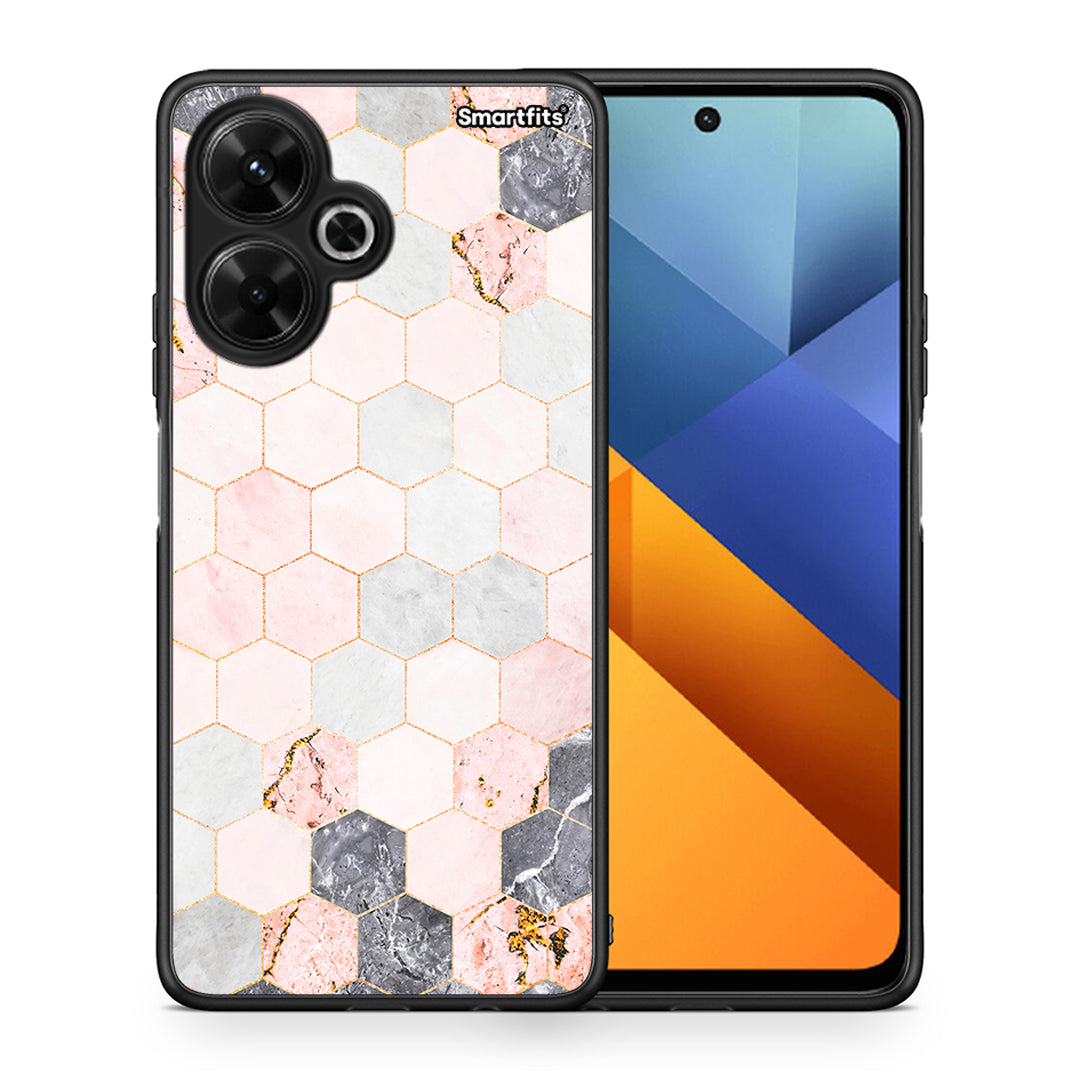 Θήκη Xiaomi Poco M6 4G Hexagon Pink Marble από τη Smartfits με σχέδιο στο πίσω μέρος και μαύρο περίβλημα | Xiaomi Poco M6 4G Hexagon Pink Marble case with colorful back and black bezels