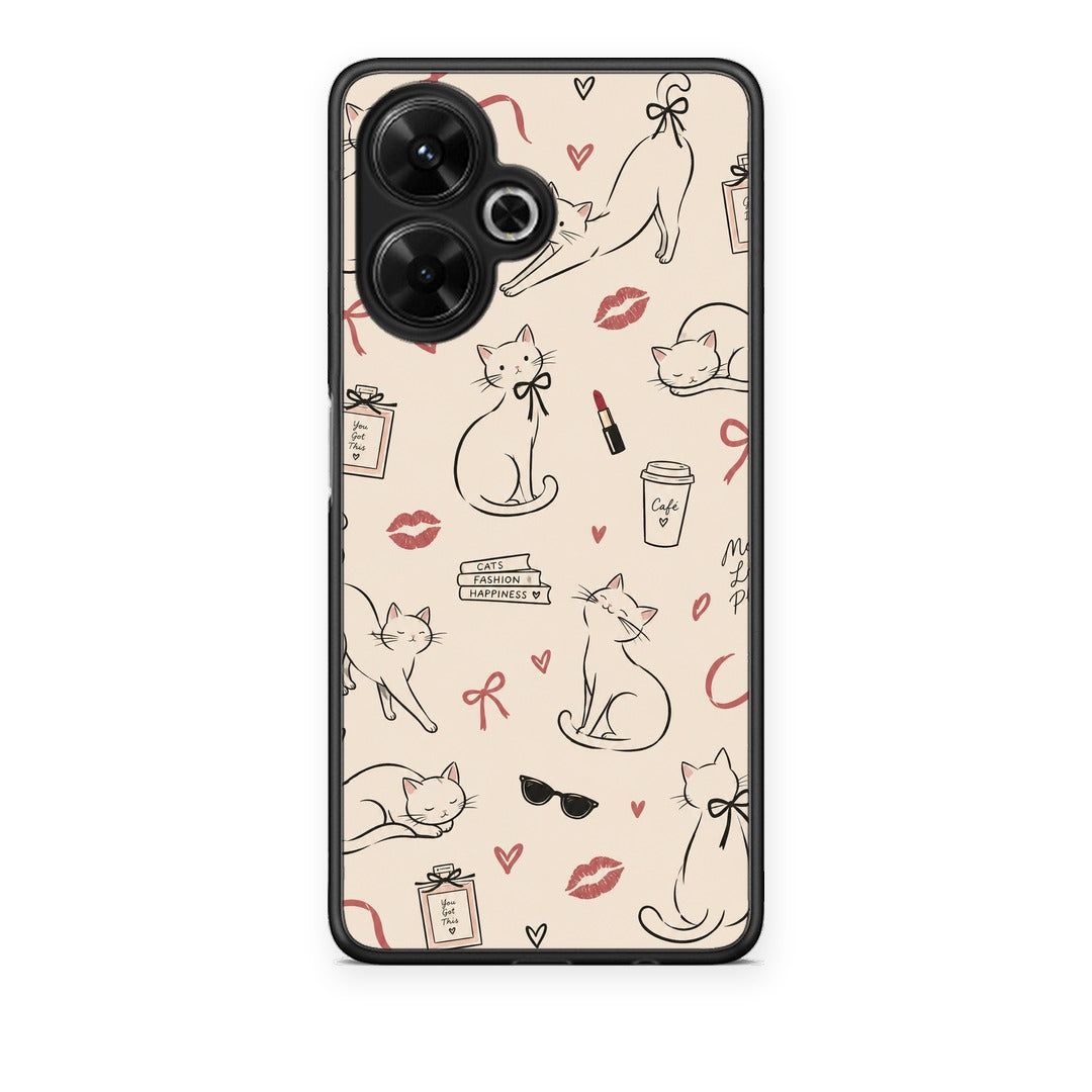 Θήκη Xiaomi Poco M6 4G Minimal Cat and Fashion Doodles on Cream από τη Smartfits με σχέδιο στο πίσω μέρος και μαύρο περίβλημα | Xiaomi Poco M6 4G Minimal Cat and Fashion Doodles on Cream case with colorful back and black bezels