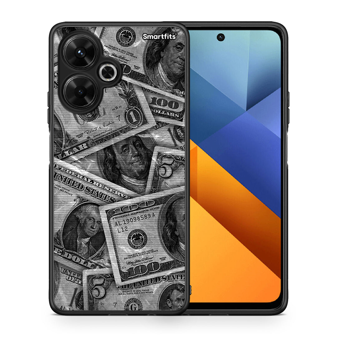 Θήκη Xiaomi Poco M6 4G Money Dollars από τη Smartfits με σχέδιο στο πίσω μέρος και μαύρο περίβλημα | Xiaomi Poco M6 4G Money Dollars case with colorful back and black bezels