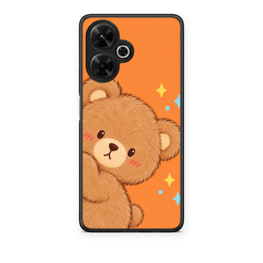 Θήκη Xiaomi Poco M6 4G Peekaboo Teddy on Orange από τη Smartfits με σχέδιο στο πίσω μέρος και μαύρο περίβλημα | Xiaomi Poco M6 4G Peekaboo Teddy on Orange case with colorful back and black bezels