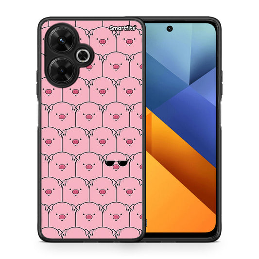Θήκη Xiaomi Poco M6 4G Pig Glasses από τη Smartfits με σχέδιο στο πίσω μέρος και μαύρο περίβλημα | Xiaomi Poco M6 4G Pig Glasses case with colorful back and black bezels