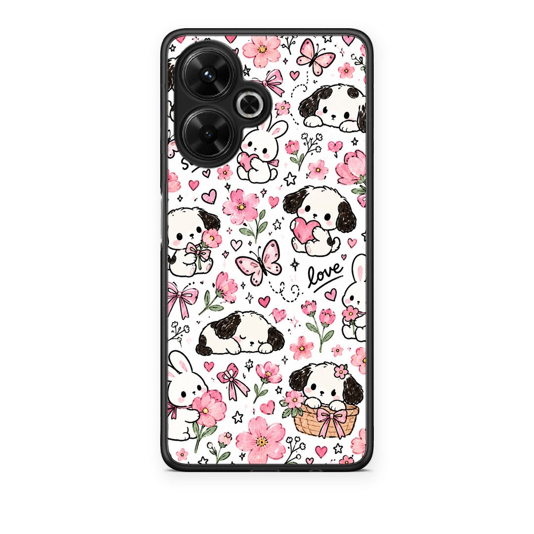 Θήκη Xiaomi Poco M6 4G Pink Florals Puppies and Bunnies on White από τη Smartfits με σχέδιο στο πίσω μέρος και μαύρο περίβλημα | Xiaomi Poco M6 4G Pink Florals Puppies and Bunnies on White case with colorful back and black bezels