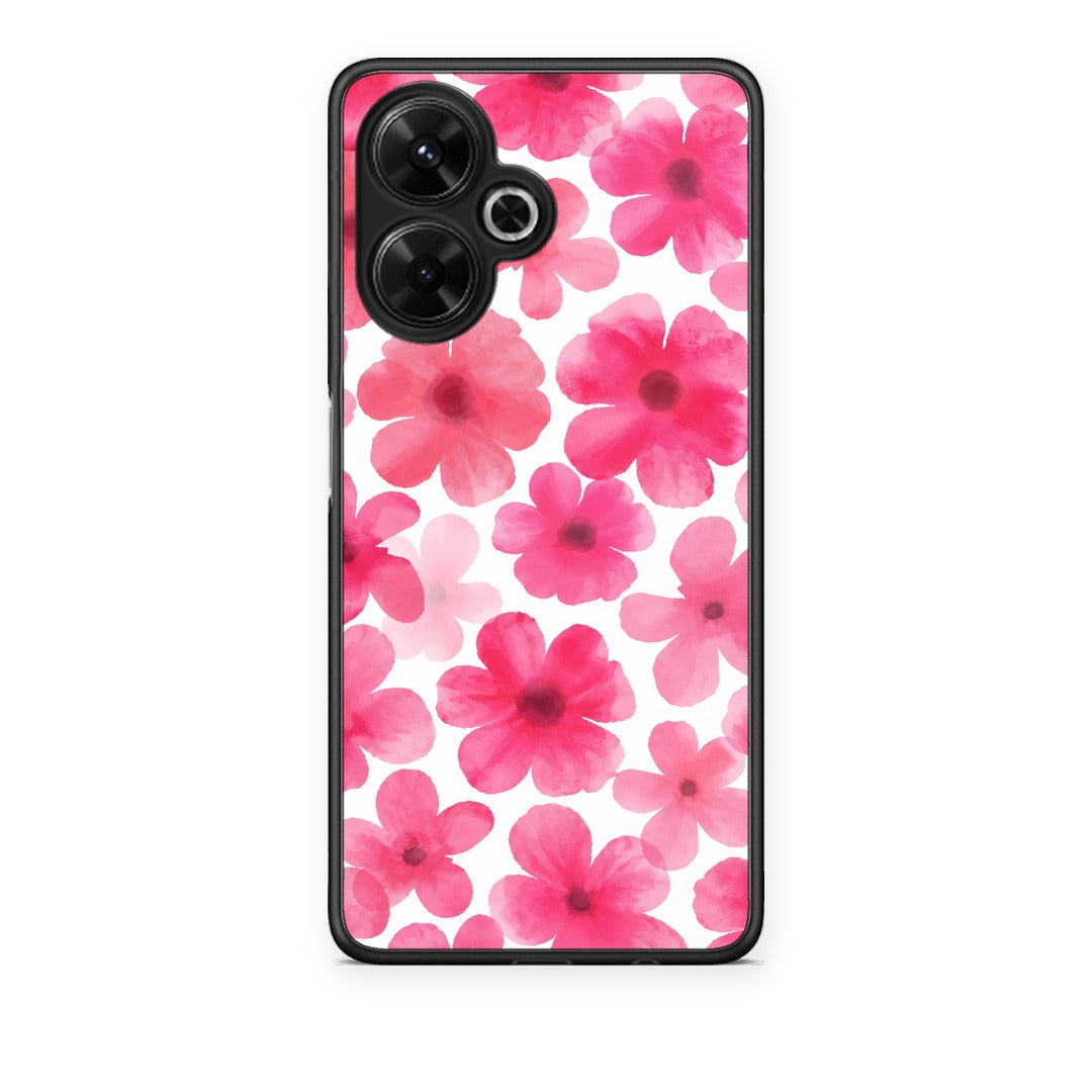 Θήκη Xiaomi Poco M6 4G Pink Watercolour Flowers on White από τη Smartfits με σχέδιο στο πίσω μέρος και μαύρο περίβλημα | Xiaomi Poco M6 4G Pink Watercolour Flowers on White case with colorful back and black bezels