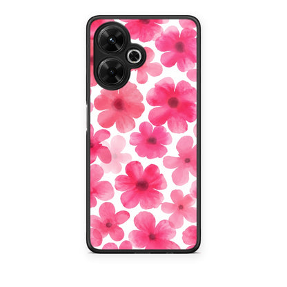 Θήκη Xiaomi Poco M6 4G Pink Watercolour Flowers on White από τη Smartfits με σχέδιο στο πίσω μέρος και μαύρο περίβλημα | Xiaomi Poco M6 4G Pink Watercolour Flowers on White case with colorful back and black bezels