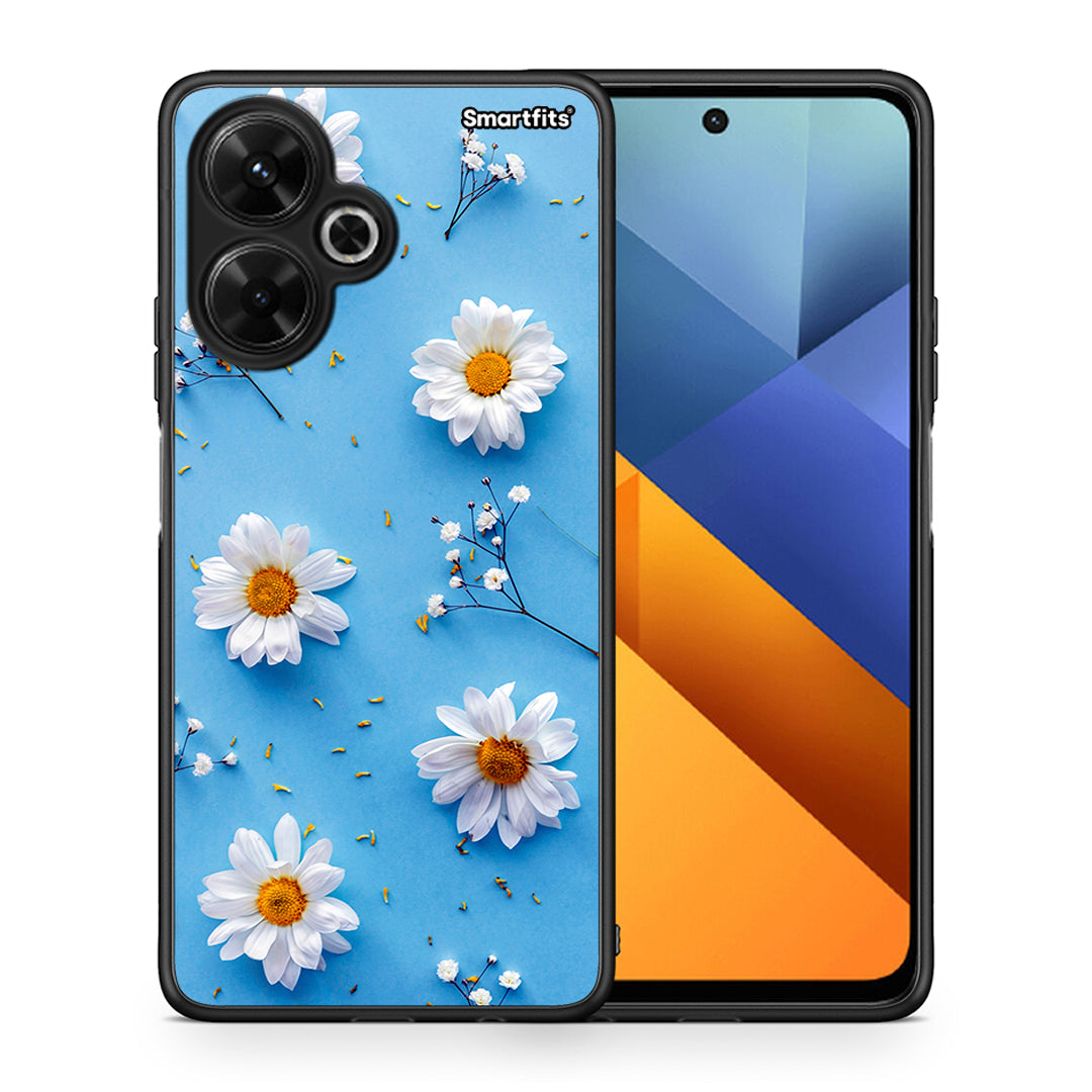 Θήκη Xiaomi Poco M6 4G Real Daisies από τη Smartfits με σχέδιο στο πίσω μέρος και μαύρο περίβλημα | Xiaomi Poco M6 4G Real Daisies case with colorful back and black bezels