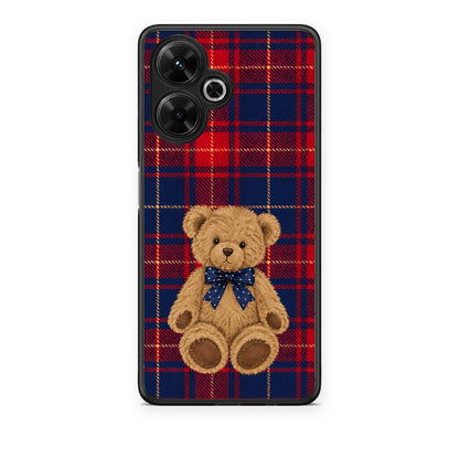 Θήκη Xiaomi Poco M6 4G Teddy Bear on Red and Navy Tartan από τη Smartfits με σχέδιο στο πίσω μέρος και μαύρο περίβλημα | Xiaomi Poco M6 4G Teddy Bear on Red and Navy Tartan case with colorful back and black bezels