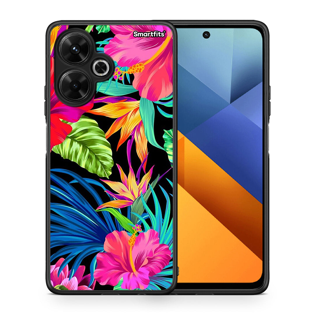 Θήκη Xiaomi Poco M6 4G Tropical Flowers από τη Smartfits με σχέδιο στο πίσω μέρος και μαύρο περίβλημα | Xiaomi Poco M6 4G Tropical Flowers case with colorful back and black bezels