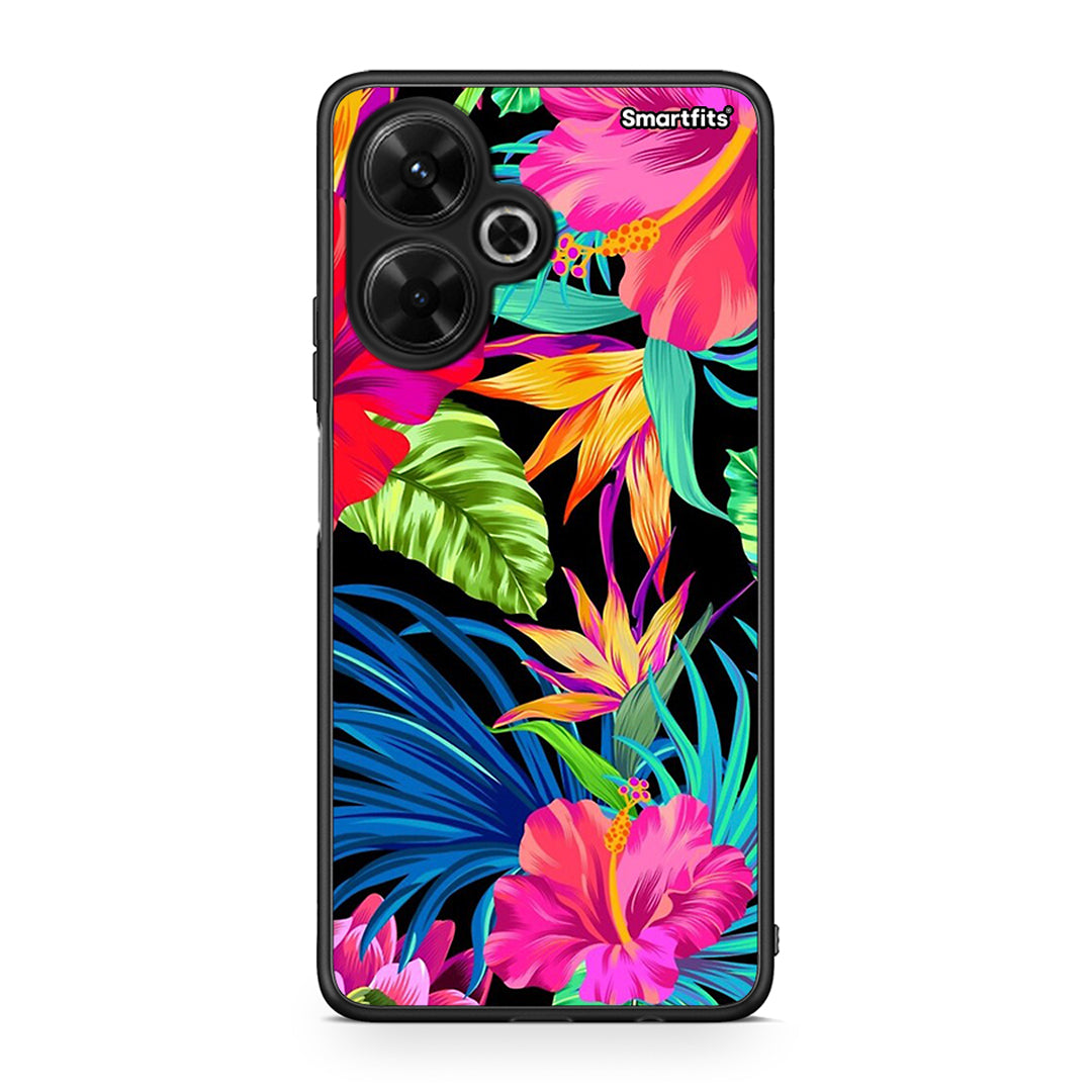 Xiaomi Poco M6 4G Tropical Flowers θήκη από τη Smartfits με σχέδιο στο πίσω μέρος και μαύρο περίβλημα | Smartphone case with colorful back and black bezels by Smartfits