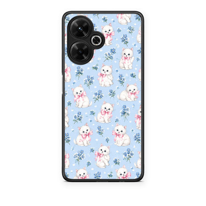 Θήκη Xiaomi Poco M6 4G White Kittens and Blue Flowers Small από τη Smartfits με σχέδιο στο πίσω μέρος και μαύρο περίβλημα | Xiaomi Poco M6 4G White Kittens and Blue Flowers Small case with colorful back and black bezels