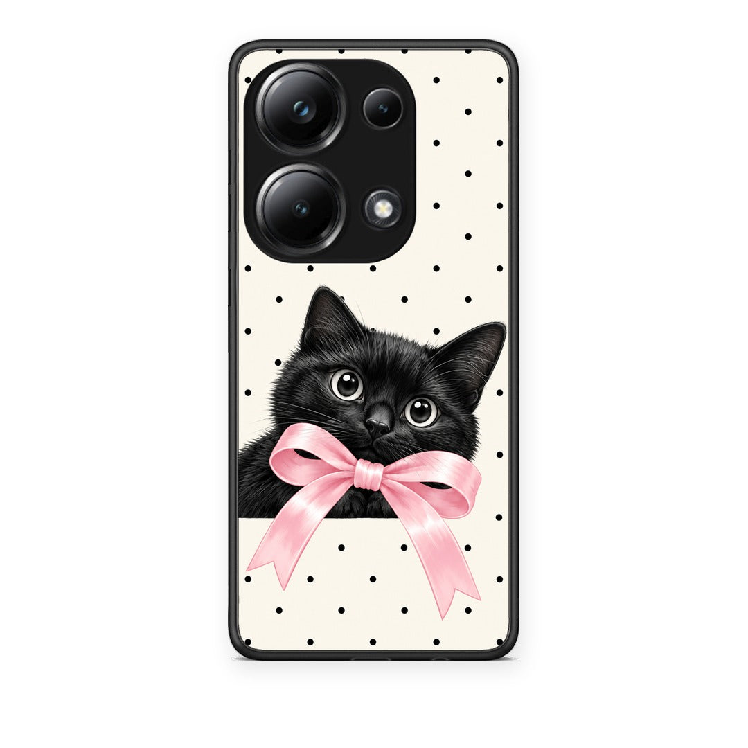 Θήκη Xiaomi Poco M6 Pro Black Kitten Pink Bow and Polka Dots από τη Smartfits με σχέδιο στο πίσω μέρος και μαύρο περίβλημα | Xiaomi Poco M6 Pro Black Kitten Pink Bow and Polka Dots case with colorful back and black bezels