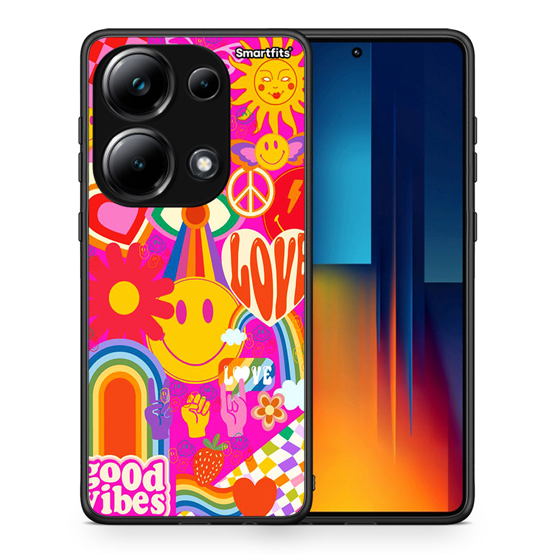 Θήκη Xiaomi Poco M6 Pro Hippie Love από τη Smartfits με σχέδιο στο πίσω μέρος και μαύρο περίβλημα | Xiaomi Poco M6 Pro Hippie Love case with colorful back and black bezels