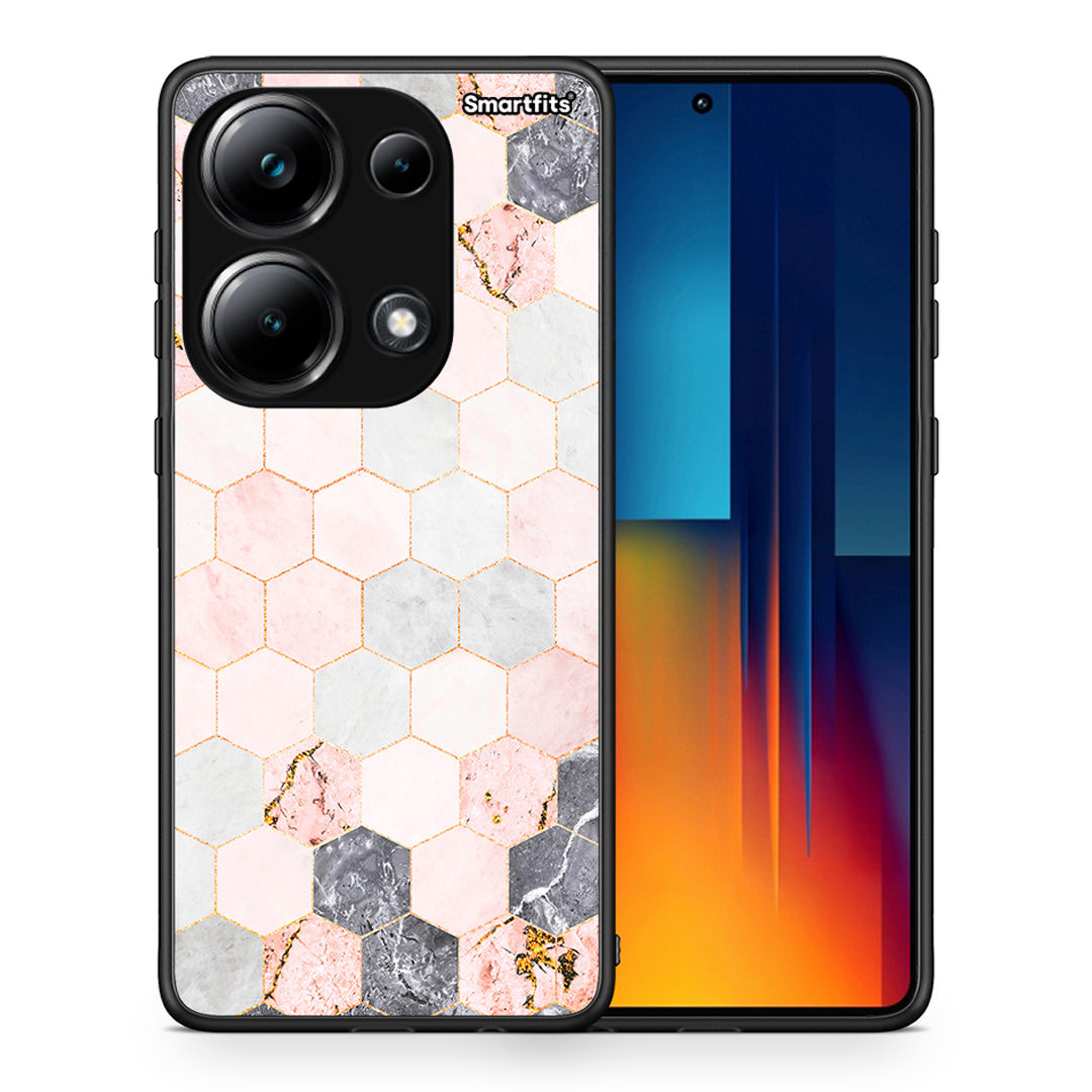 Θήκη Xiaomi Poco M6 Pro Hexagon Pink Marble από τη Smartfits με σχέδιο στο πίσω μέρος και μαύρο περίβλημα | Xiaomi Poco M6 Pro Hexagon Pink Marble case with colorful back and black bezels