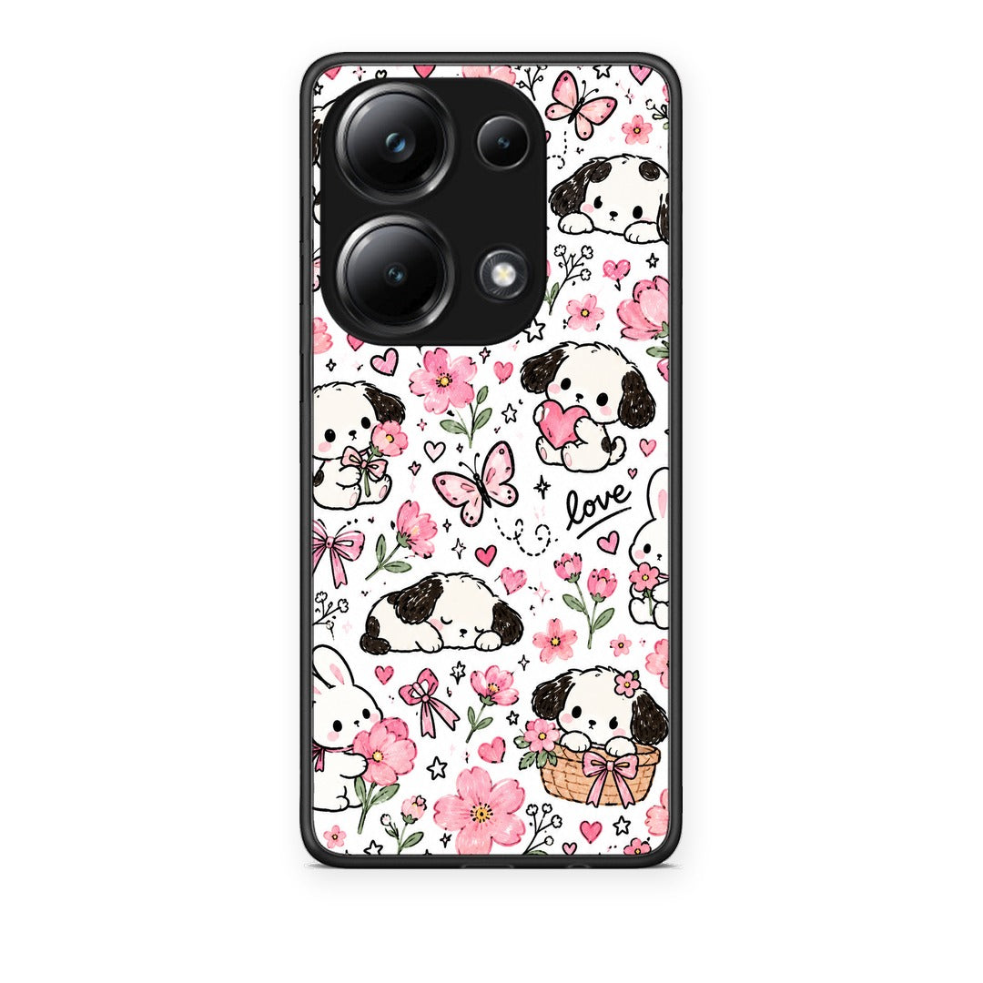 Θήκη Xiaomi Poco M6 Pro Pink Florals Puppies and Bunnies on White από τη Smartfits με σχέδιο στο πίσω μέρος και μαύρο περίβλημα | Xiaomi Poco M6 Pro Pink Florals Puppies and Bunnies on White case with colorful back and black bezels