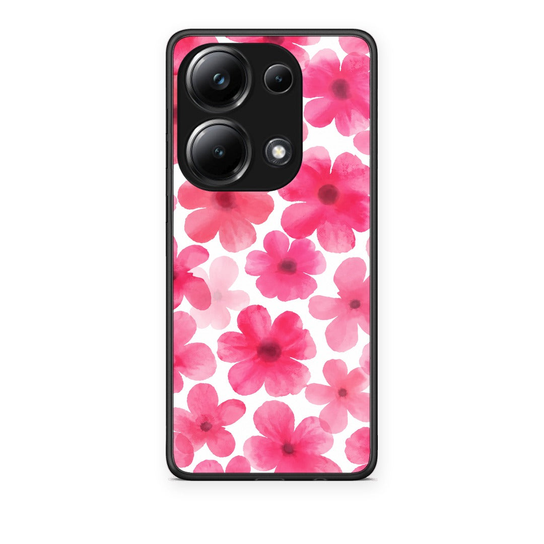 Θήκη Xiaomi Poco M6 Pro Pink Watercolour Flowers on White από τη Smartfits με σχέδιο στο πίσω μέρος και μαύρο περίβλημα | Xiaomi Poco M6 Pro Pink Watercolour Flowers on White case with colorful back and black bezels