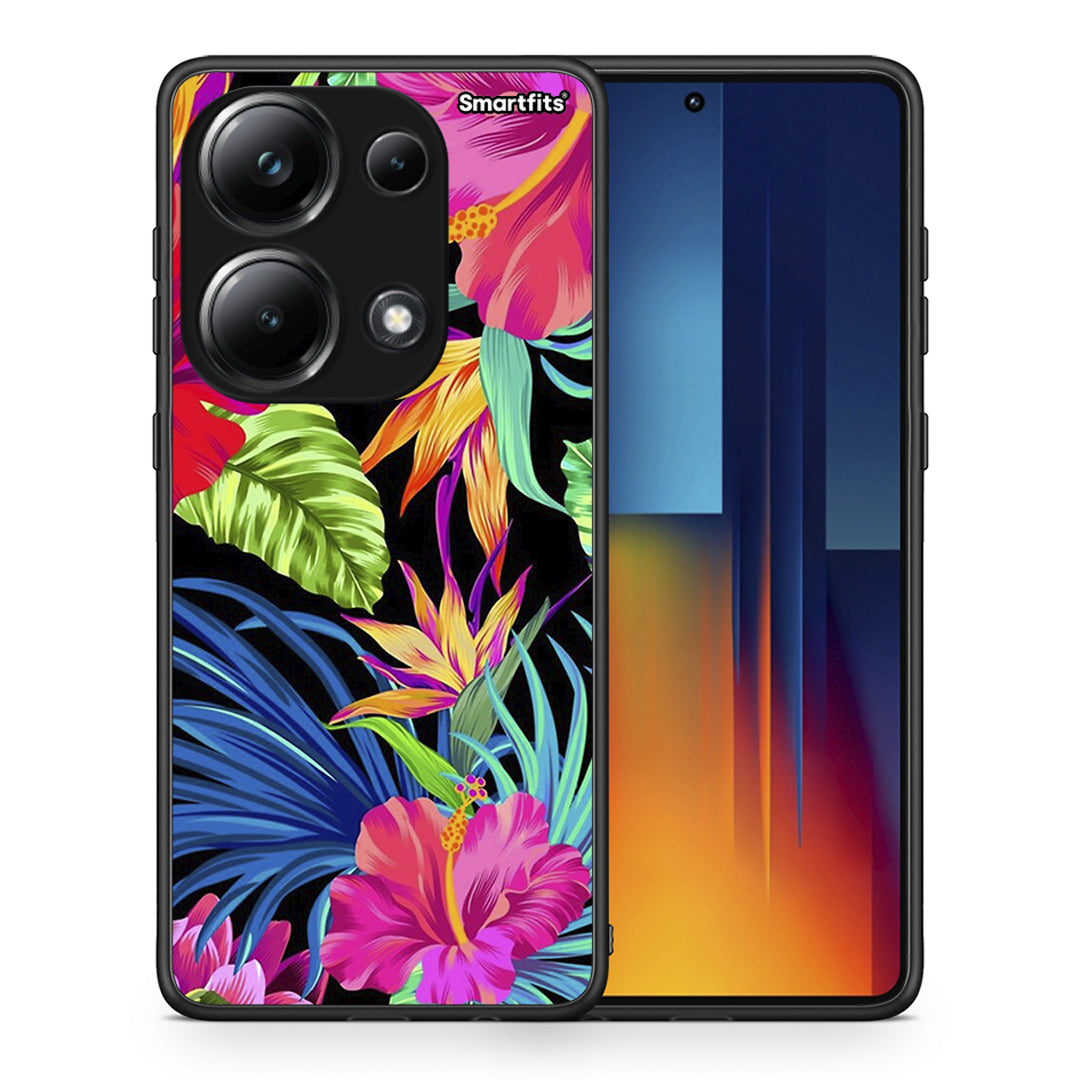 Θήκη Xiaomi Poco M6 Pro Tropical Flowers από τη Smartfits με σχέδιο στο πίσω μέρος και μαύρο περίβλημα | Xiaomi Poco M6 Pro Tropical Flowers case with colorful back and black bezels