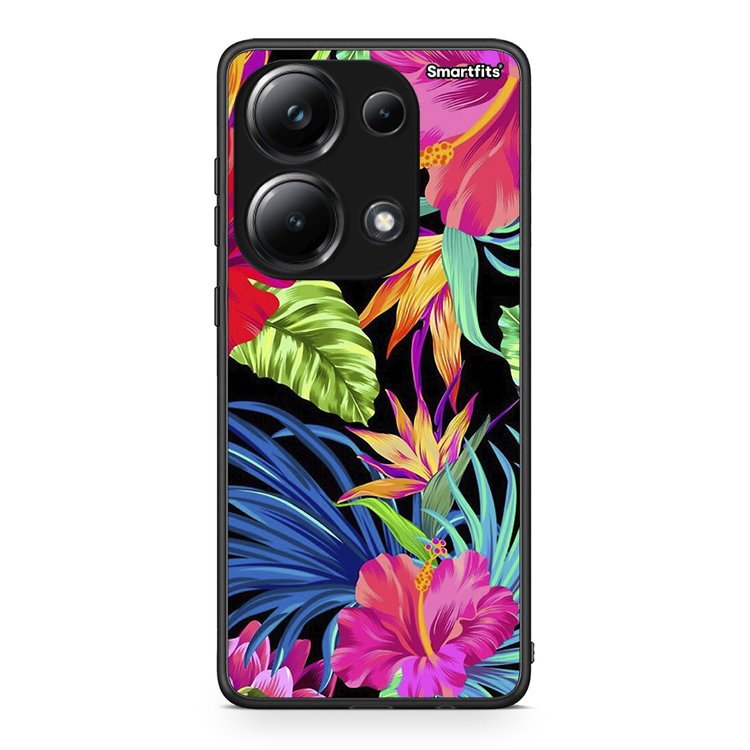Xiaomi Poco M6 Pro Tropical Flowers θήκη από τη Smartfits με σχέδιο στο πίσω μέρος και μαύρο περίβλημα | Smartphone case with colorful back and black bezels by Smartfits