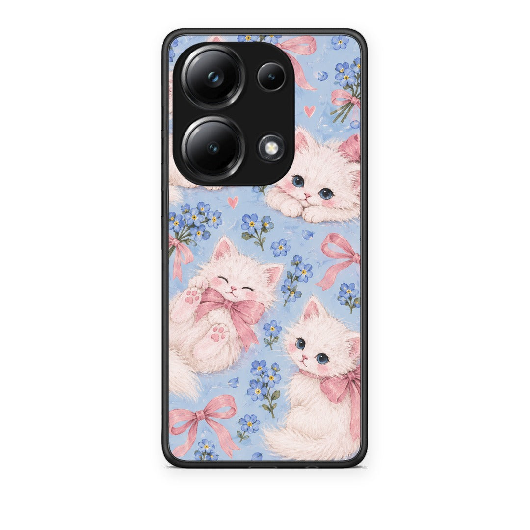 Θήκη Xiaomi Poco M6 Pro White Kittens and Blue Flowers Large από τη Smartfits με σχέδιο στο πίσω μέρος και μαύρο περίβλημα | Xiaomi Poco M6 Pro White Kittens and Blue Flowers Large case with colorful back and black bezels