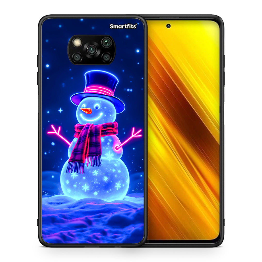 Θήκη Xiaomi Poco X3 Christmas Neon Snowman από τη Smartfits με σχέδιο στο πίσω μέρος και μαύρο περίβλημα | Xiaomi Poco X3 Christmas Neon Snowman case with colorful back and black bezels