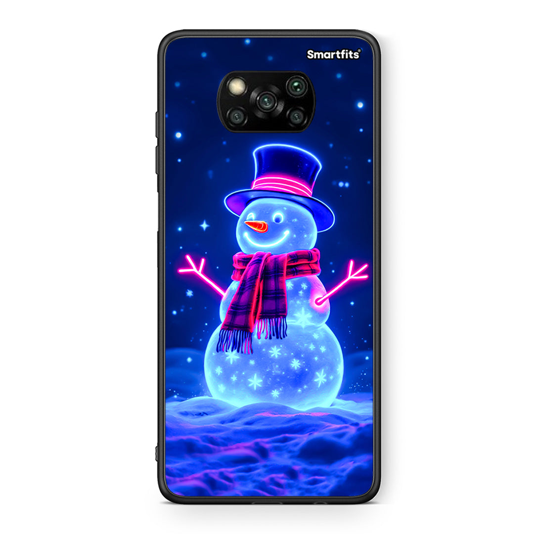 Θήκη Xiaomi Poco X3 Christmas Neon Snowman από τη Smartfits με σχέδιο στο πίσω μέρος και μαύρο περίβλημα | Xiaomi Poco X3 Christmas Neon Snowman case with colorful back and black bezels