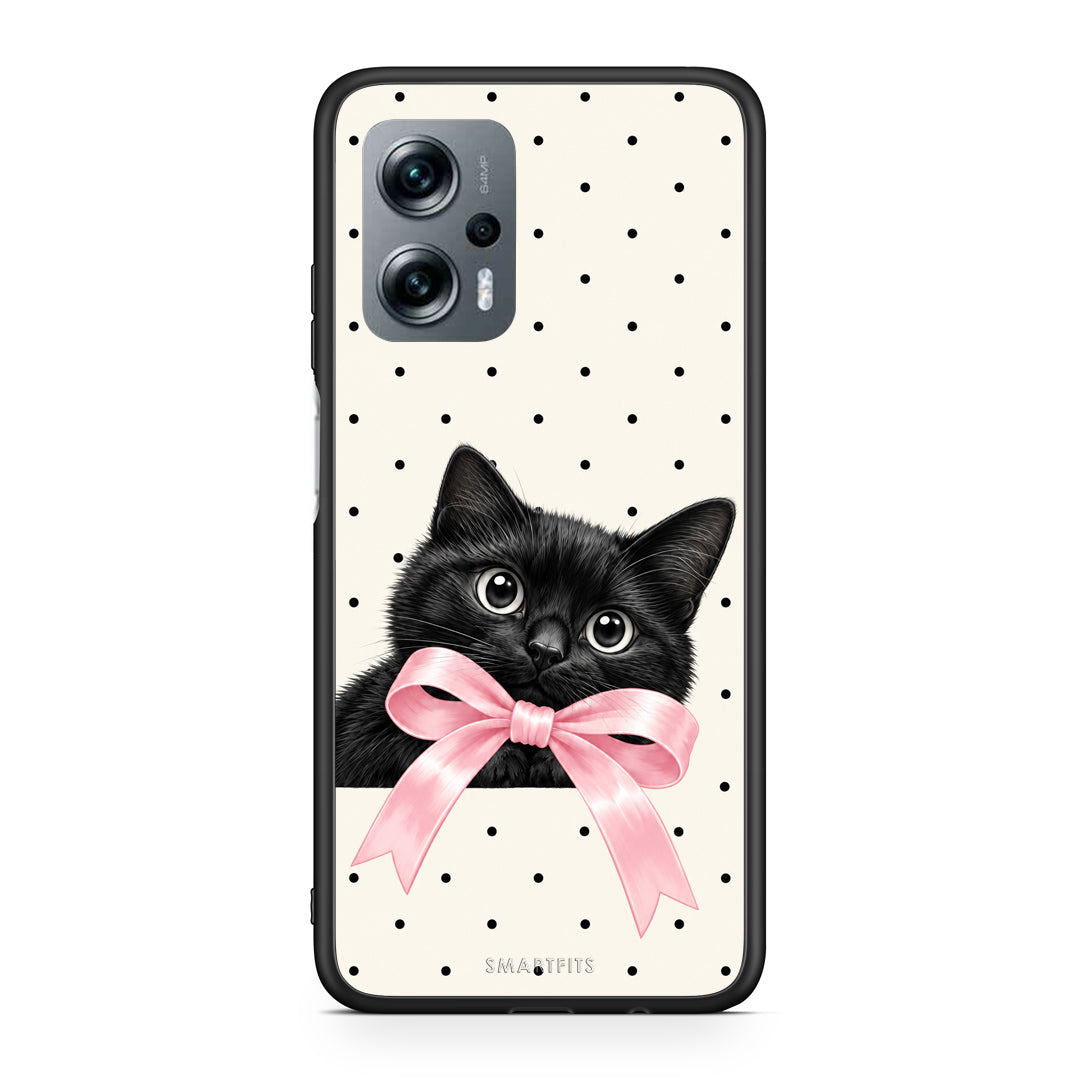 Θήκη Xiaomi Poco X4 GT Black Kitten Pink Bow and Polka Dots από τη Smartfits με σχέδιο στο πίσω μέρος και μαύρο περίβλημα | Xiaomi Poco X4 GT Black Kitten Pink Bow and Polka Dots case with colorful back and black bezels