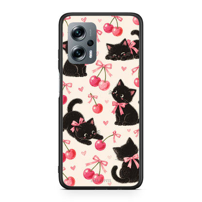 Θήκη Xiaomi Poco X4 GT Black Kittens and Cherries on Cream από τη Smartfits με σχέδιο στο πίσω μέρος και μαύρο περίβλημα | Xiaomi Poco X4 GT Black Kittens and Cherries on Cream case with colorful back and black bezels