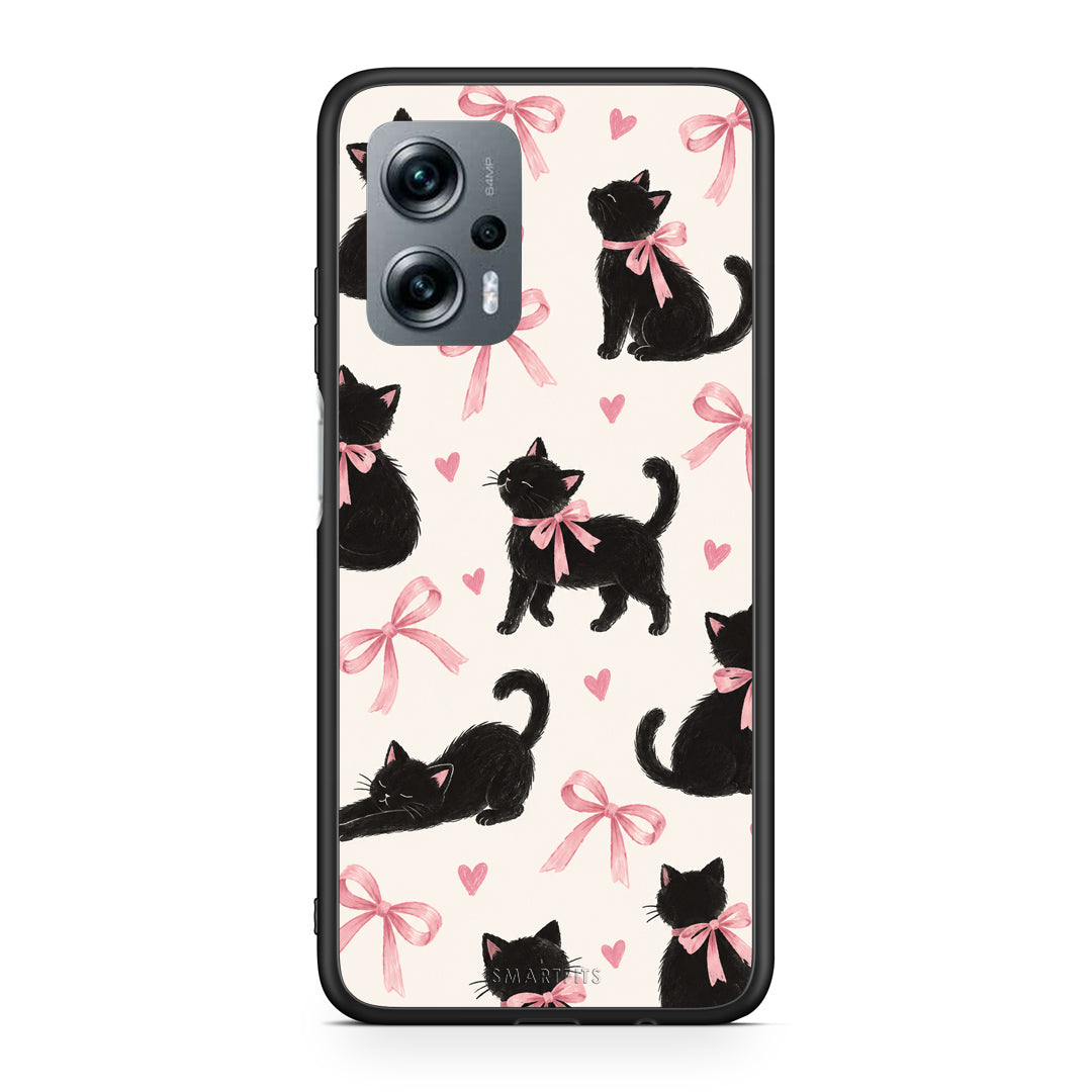 Θήκη Xiaomi Poco X4 GT Black Kittens and Pink Bows on Cream Large από τη Smartfits με σχέδιο στο πίσω μέρος και μαύρο περίβλημα | Xiaomi Poco X4 GT Black Kittens and Pink Bows on Cream Large case with colorful back and black bezels
