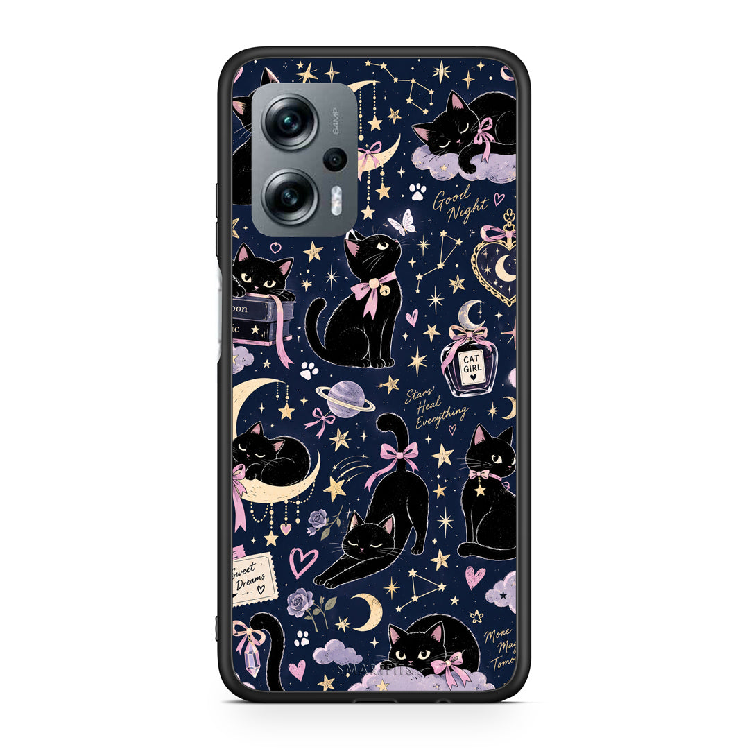 Θήκη Xiaomi Poco X4 GT Celestial Black Cats on Navy από τη Smartfits με σχέδιο στο πίσω μέρος και μαύρο περίβλημα | Xiaomi Poco X4 GT Celestial Black Cats on Navy case with colorful back and black bezels