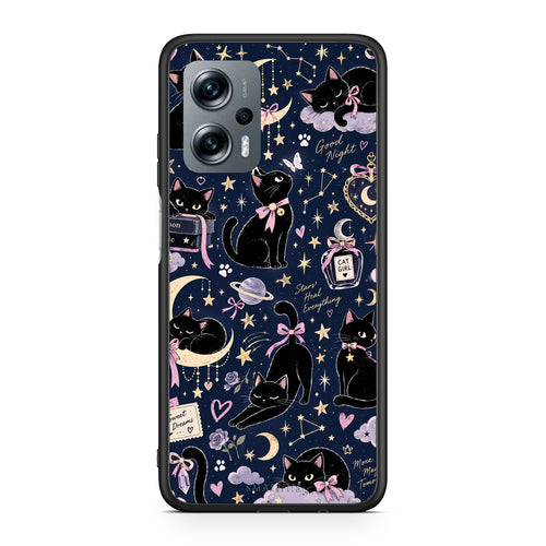 Θήκη Xiaomi Poco X4 GT Celestial Black Cats on Navy από τη Smartfits με σχέδιο στο πίσω μέρος και μαύρο περίβλημα | Xiaomi Poco X4 GT Celestial Black Cats on Navy case with colorful back and black bezels