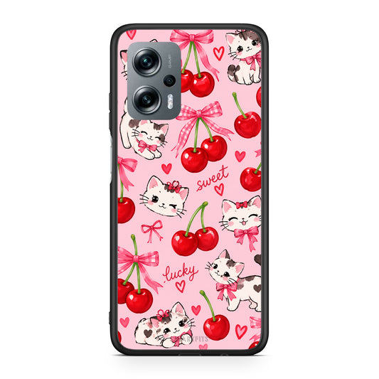 Θήκη Xiaomi Poco X4 GT Cherries Bows and Kittens on Pink από τη Smartfits με σχέδιο στο πίσω μέρος και μαύρο περίβλημα | Xiaomi Poco X4 GT Cherries Bows and Kittens on Pink case with colorful back and black bezels