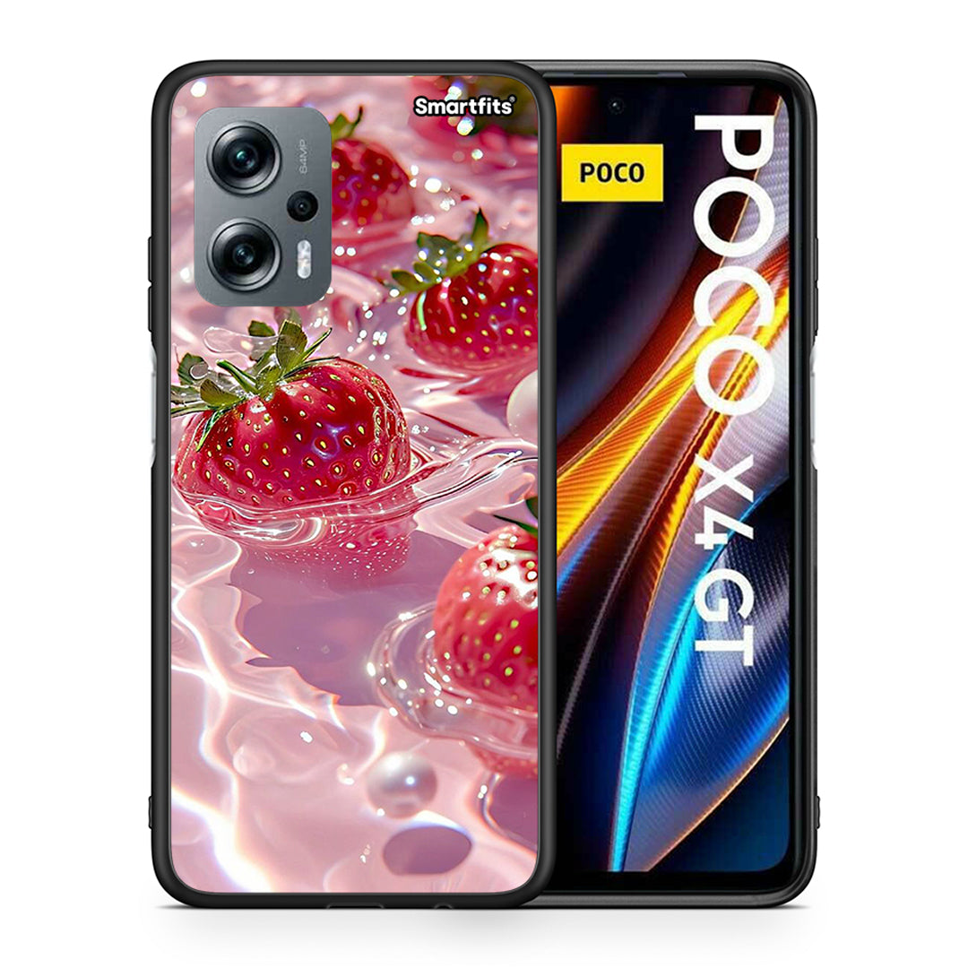 Θήκη Xiaomi Poco X4 GT Juicy Strawberries από τη Smartfits με σχέδιο στο πίσω μέρος και μαύρο περίβλημα | Xiaomi Poco X4 GT Juicy Strawberries case with colorful back and black bezels
