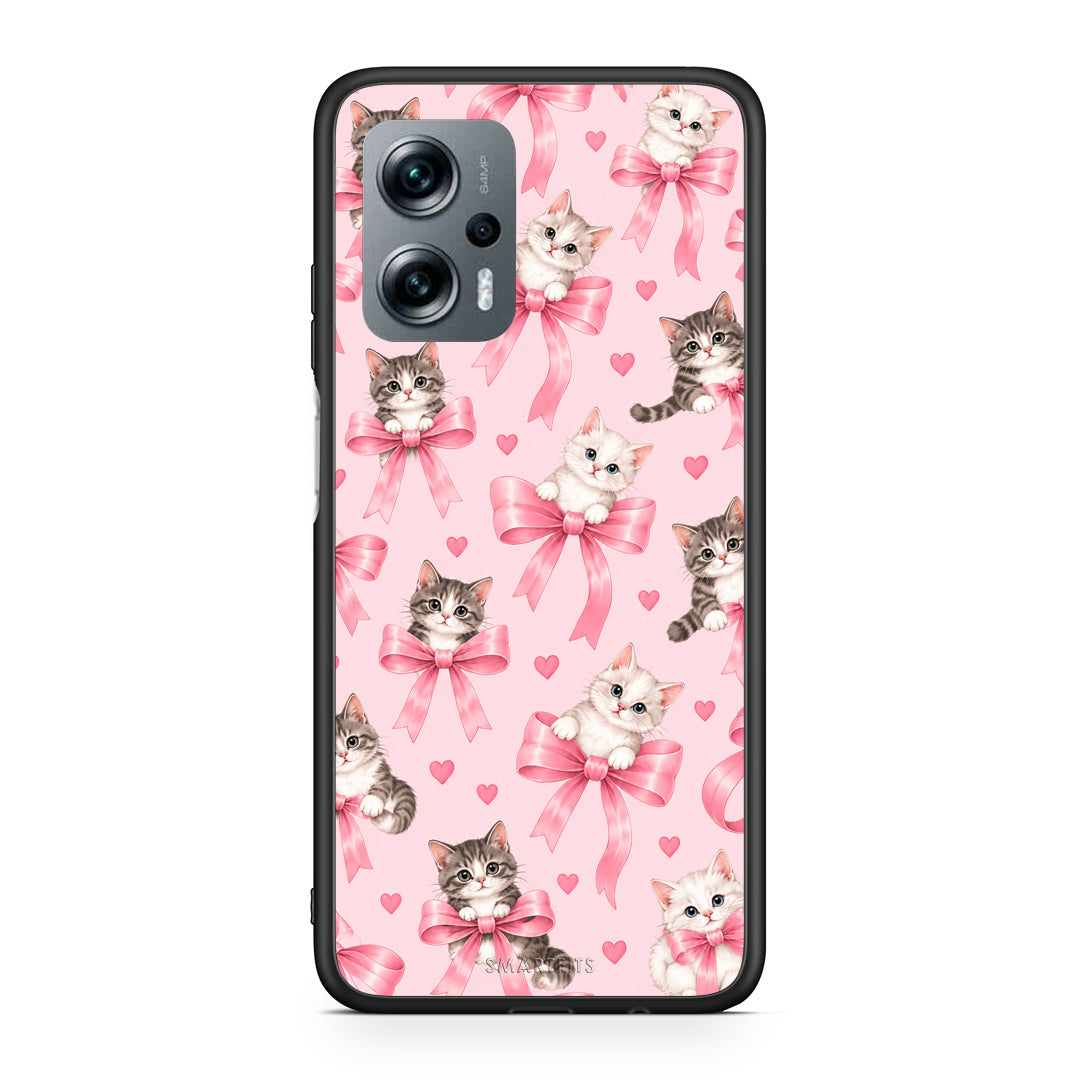 Θήκη Xiaomi Poco X4 GT Kittens and Pink Bows on Pink από τη Smartfits με σχέδιο στο πίσω μέρος και μαύρο περίβλημα | Xiaomi Poco X4 GT Kittens and Pink Bows on Pink case with colorful back and black bezels