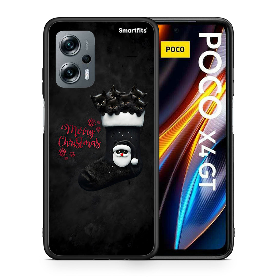 Θήκη Xiaomi Poco X4 GT Merry Cat Christmas από τη Smartfits με σχέδιο στο πίσω μέρος και μαύρο περίβλημα | Xiaomi Poco X4 GT Merry Cat Christmas case with colorful back and black bezels