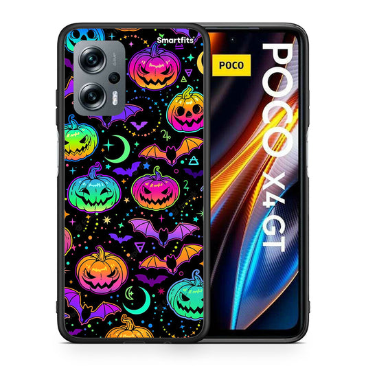 Θήκη Xiaomi Poco X4 GT Neon Halloween από τη Smartfits με σχέδιο στο πίσω μέρος και μαύρο περίβλημα | Xiaomi Poco X4 GT Neon Halloween case with colorful back and black bezels