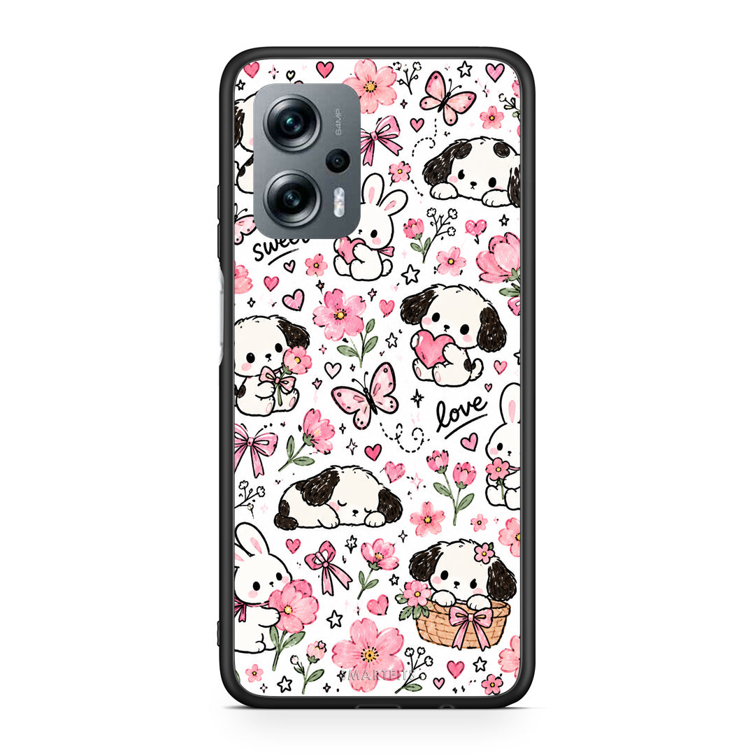 Θήκη Xiaomi Poco X4 GT Pink Florals Puppies and Bunnies on White από τη Smartfits με σχέδιο στο πίσω μέρος και μαύρο περίβλημα | Xiaomi Poco X4 GT Pink Florals Puppies and Bunnies on White case with colorful back and black bezels