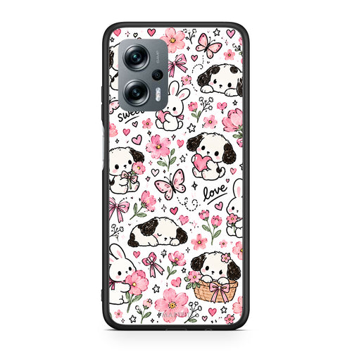 Θήκη Xiaomi Poco X4 GT Pink Florals Puppies and Bunnies on White από τη Smartfits με σχέδιο στο πίσω μέρος και μαύρο περίβλημα | Xiaomi Poco X4 GT Pink Florals Puppies and Bunnies on White case with colorful back and black bezels