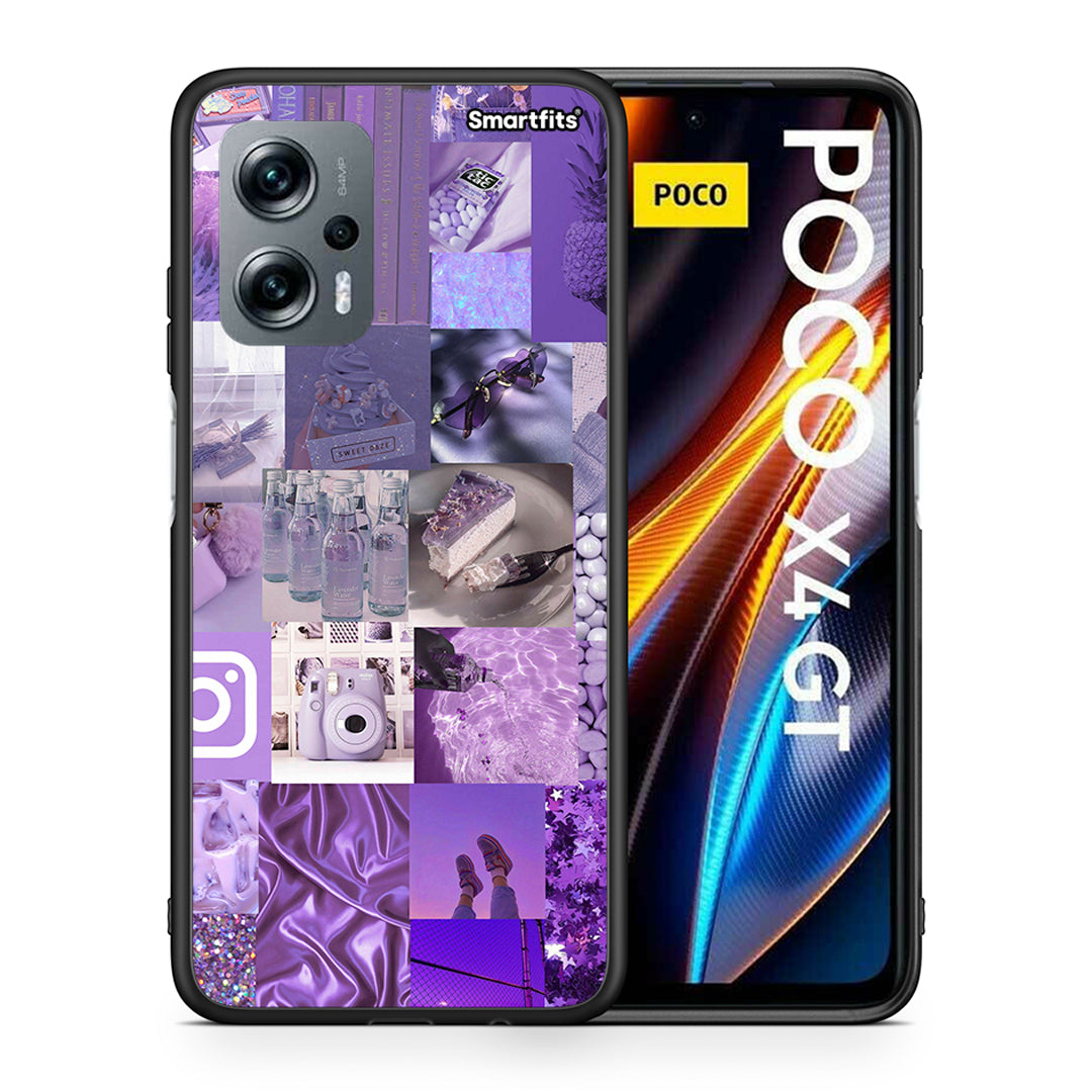 Θήκη Xiaomi Poco X4 GT Purple Aesthetic Collage από τη Smartfits με σχέδιο στο πίσω μέρος και μαύρο περίβλημα | Xiaomi Poco X4 GT Purple Aesthetic Collage case with colorful back and black bezels