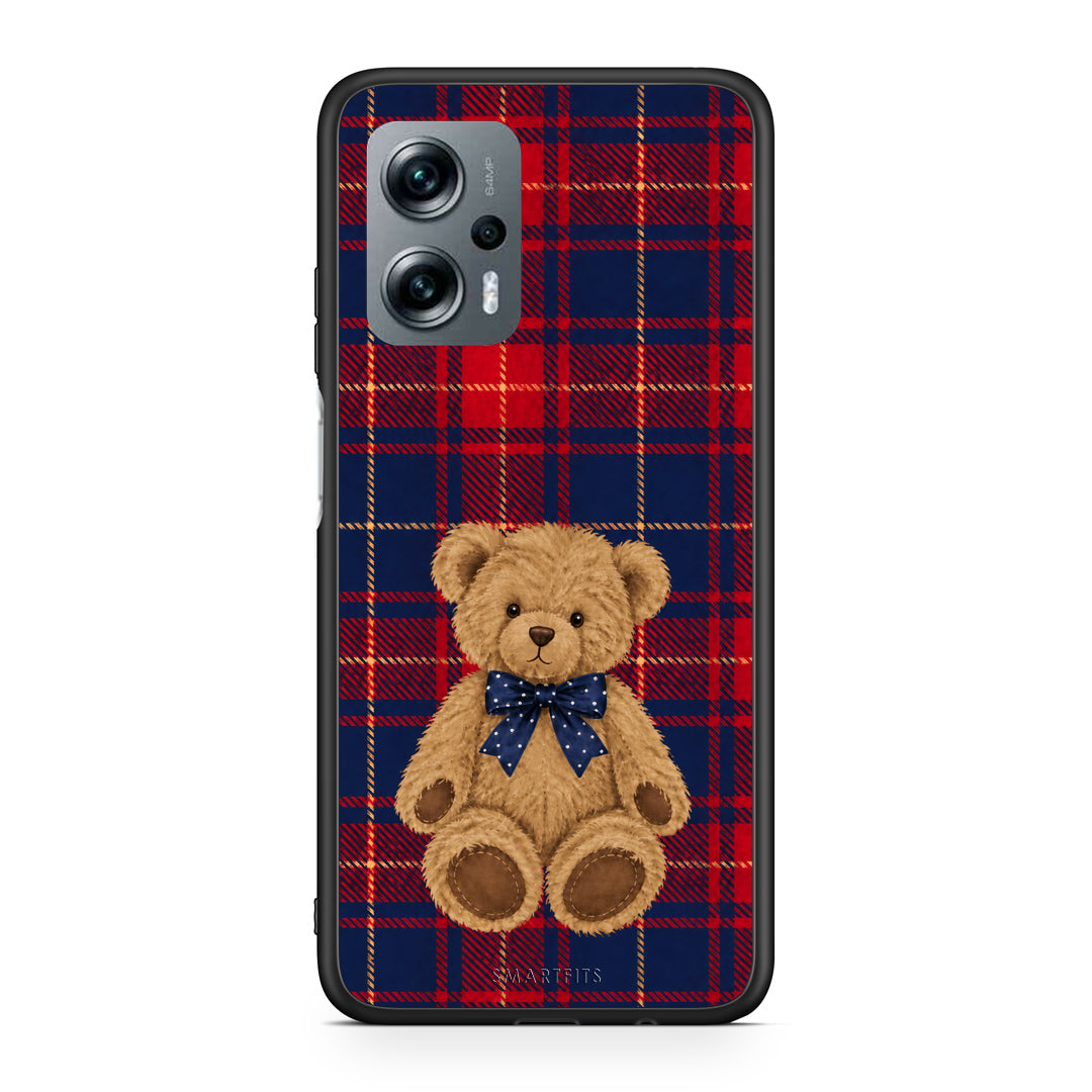 Θήκη Xiaomi Poco X4 GT Teddy Bear on Red and Navy Tartan από τη Smartfits με σχέδιο στο πίσω μέρος και μαύρο περίβλημα | Xiaomi Poco X4 GT Teddy Bear on Red and Navy Tartan case with colorful back and black bezels