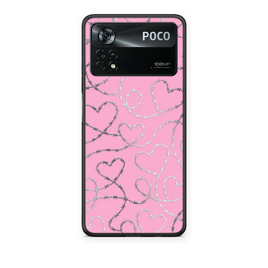 Θήκη Xiaomi Poco X4 Pro 5G Barbed Wire Hearts on Pink από τη Smartfits με σχέδιο στο πίσω μέρος και μαύρο περίβλημα | Xiaomi Poco X4 Pro 5G Barbed Wire Hearts on Pink case with colorful back and black bezels