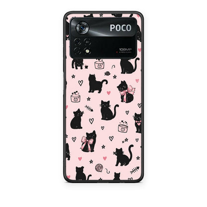 Θήκη Xiaomi Poco X4 Pro 5G Black Cat Doodles on Pink από τη Smartfits με σχέδιο στο πίσω μέρος και μαύρο περίβλημα | Xiaomi Poco X4 Pro 5G Black Cat Doodles on Pink case with colorful back and black bezels