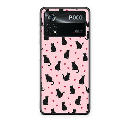Θήκη Xiaomi Poco X4 Pro 5G Black Cat Silhouettes and Hearts on Pink από τη Smartfits με σχέδιο στο πίσω μέρος και μαύρο περίβλημα | Xiaomi Poco X4 Pro 5G Black Cat Silhouettes and Hearts on Pink case with colorful back and black bezels