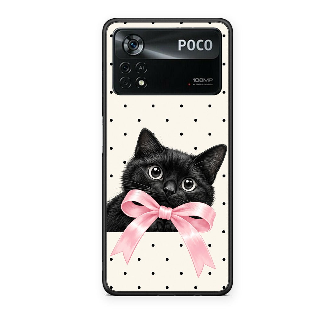 Θήκη Xiaomi Poco X4 Pro 5G Black Kitten Pink Bow and Polka Dots από τη Smartfits με σχέδιο στο πίσω μέρος και μαύρο περίβλημα | Xiaomi Poco X4 Pro 5G Black Kitten Pink Bow and Polka Dots case with colorful back and black bezels