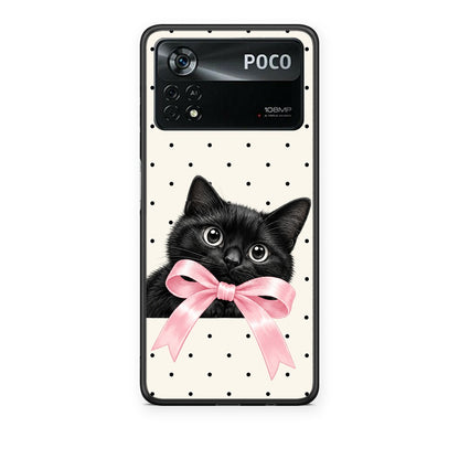 Θήκη Xiaomi Poco X4 Pro 5G Black Kitten Pink Bow and Polka Dots από τη Smartfits με σχέδιο στο πίσω μέρος και μαύρο περίβλημα | Xiaomi Poco X4 Pro 5G Black Kitten Pink Bow and Polka Dots case with colorful back and black bezels