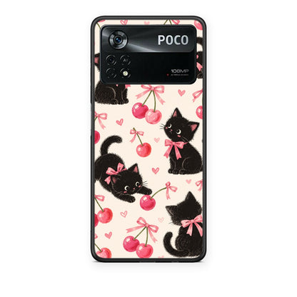 Θήκη Xiaomi Poco X4 Pro 5G Black Kittens and Cherries on Cream από τη Smartfits με σχέδιο στο πίσω μέρος και μαύρο περίβλημα | Xiaomi Poco X4 Pro 5G Black Kittens and Cherries on Cream case with colorful back and black bezels