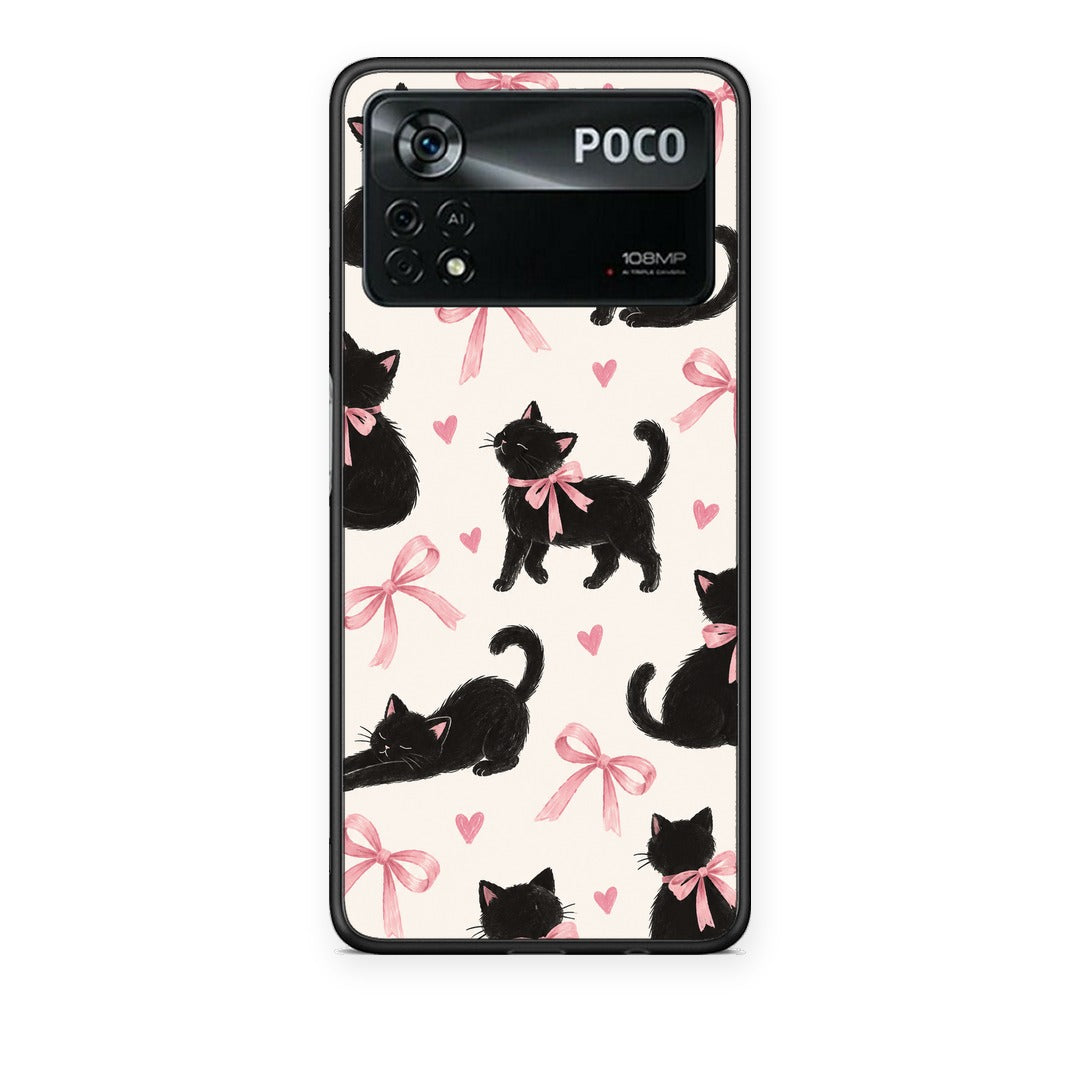 Θήκη Xiaomi Poco X4 Pro 5G Black Kittens and Pink Bows on Cream Large από τη Smartfits με σχέδιο στο πίσω μέρος και μαύρο περίβλημα | Xiaomi Poco X4 Pro 5G Black Kittens and Pink Bows on Cream Large case with colorful back and black bezels